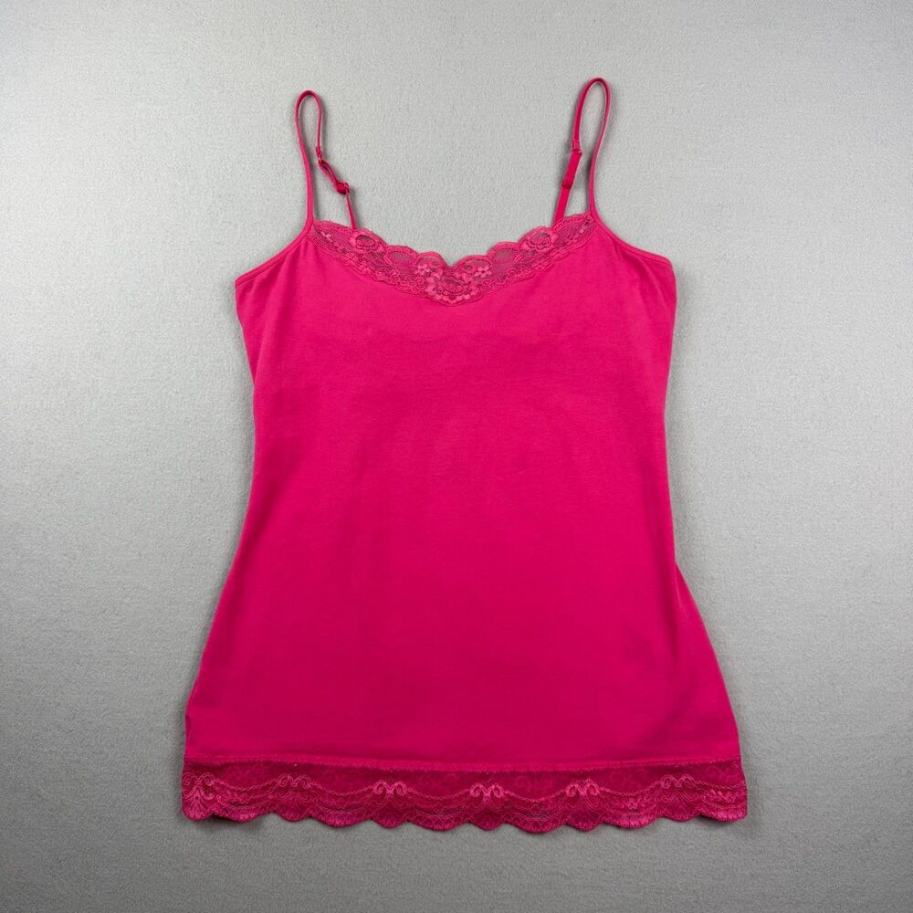 Vintage Express Womens L Hot Pink Lace Trim Cami Tank Top Shelf Bra Y2K Coquette